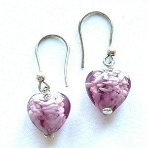 Murano Glass Purple Puffed Heart Drop Dangle Silver Plated Hook Earrings